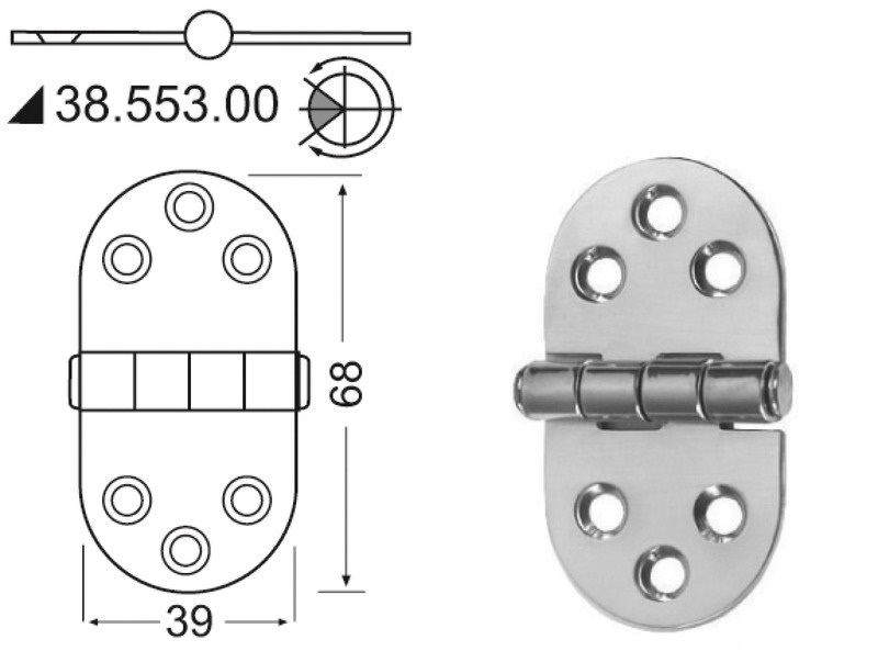 Osculati Edelstahl Scharnier, 76 x 38 mm (Halbeingebauter Kern)