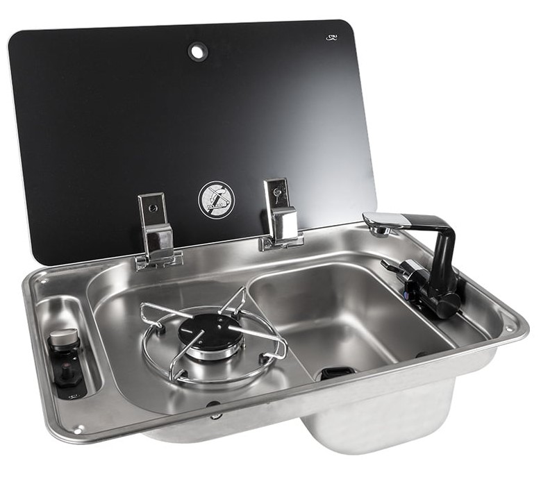 CAN Einbau-Gaskocher FL1323 mit 1 Kochfeld, Spüle rechts + Glasdeckel