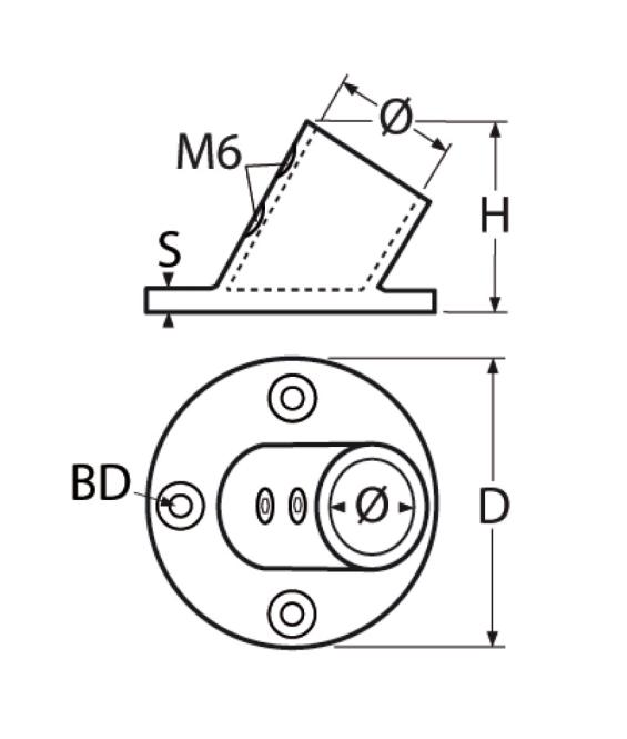 Osculati Edelstahl Relingsbasis 60° runde Grundplatte, Rohr 22 mmØ