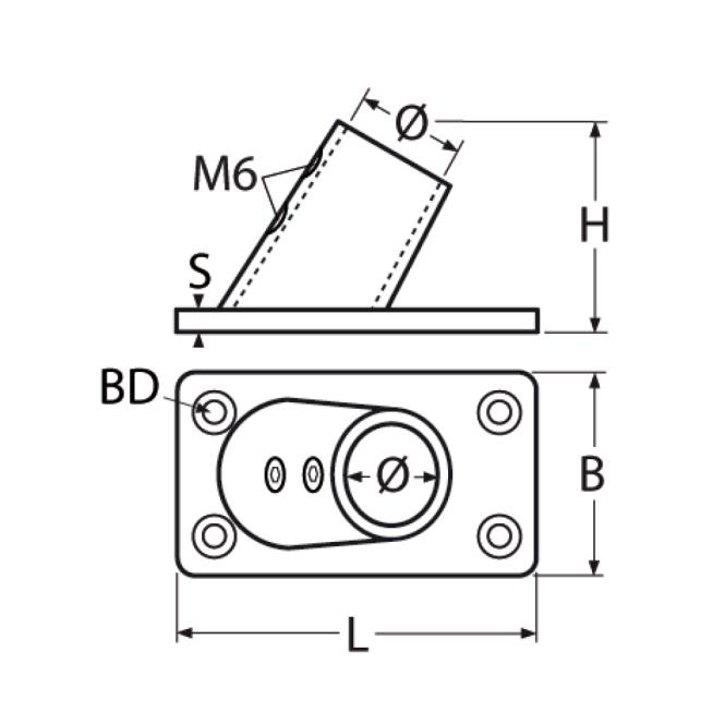 Osculati Edelstahl Relingsbasis 60° eckige Grundplatte, Rohr 22 mmØ