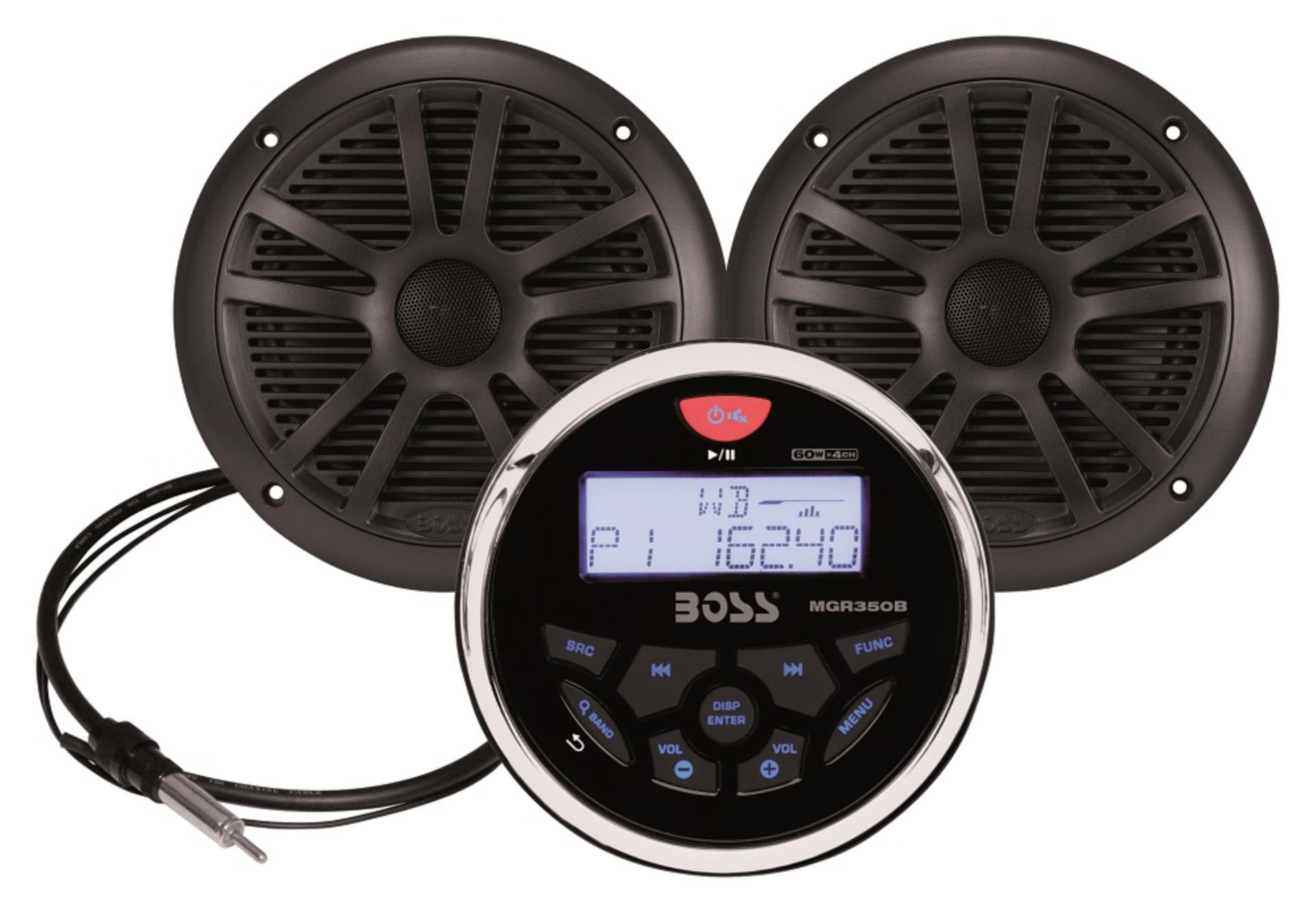 Boss Audio BOSS MGR350B Amaturenbrett Radio im Set mit 2 schwarzen Lautsprecher