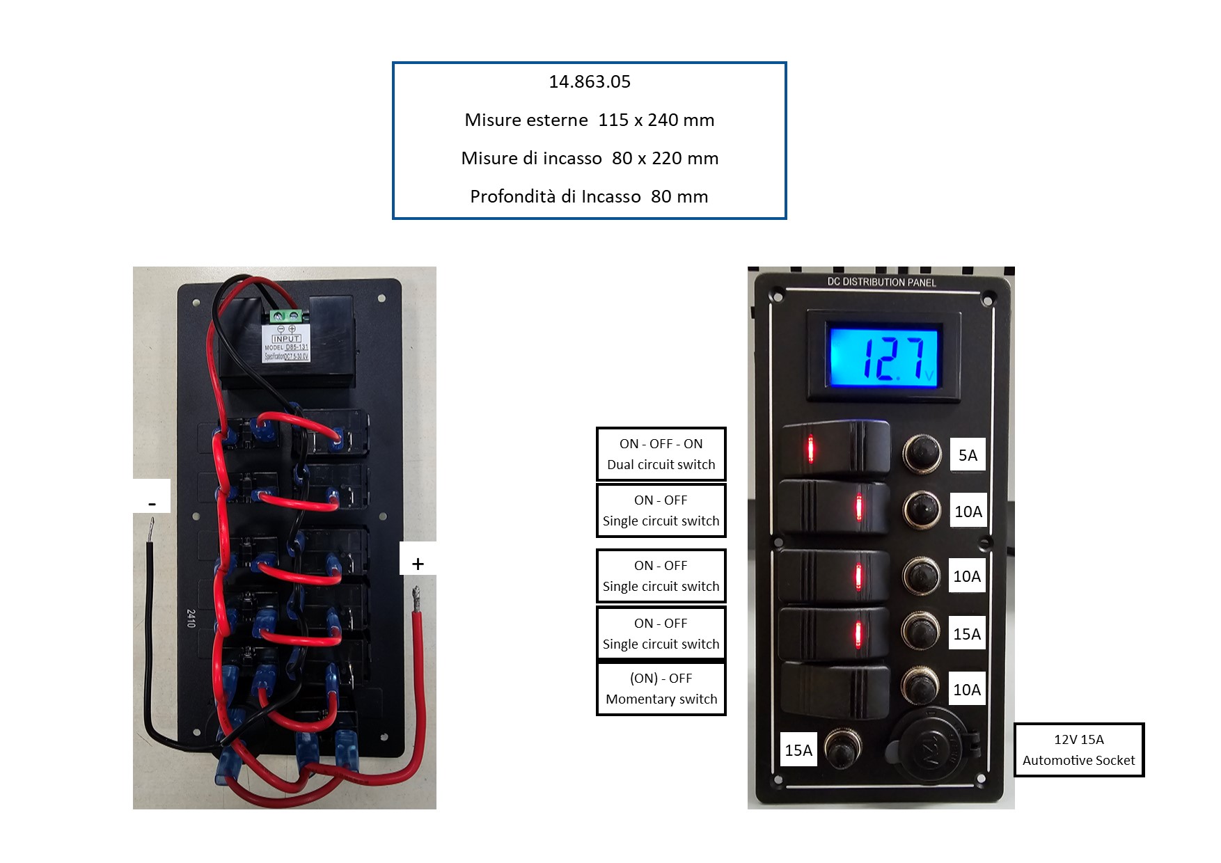 Osculati Schalttafel PCAL mit Voltmeter, 9 - 32 V