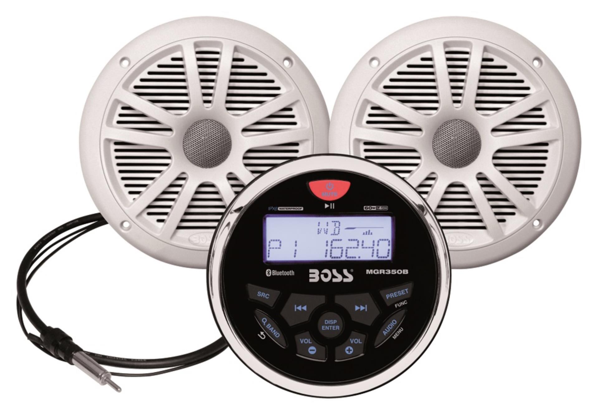 BOSS MGR350B Amaturenbrett Radio im Set mit 2 weißen Lautsprecher