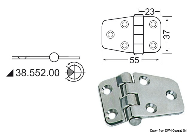 Osculati Scharnier Edelstahl, halbeingebauter Kern 55 x 37 mm