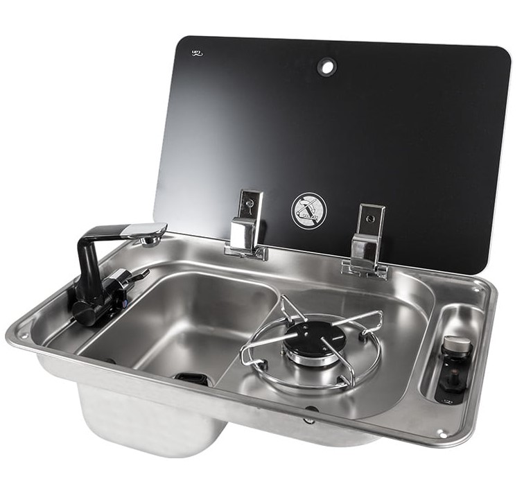 CAN Einbau-Gaskocher FL1324 mit 1 Kochfeld, Spüle links+ Glasdeckel